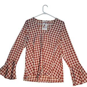 Perfectly Priscilla Cream Red Houndstooth Top Bell Sleeve Tie Bottom Small NWT